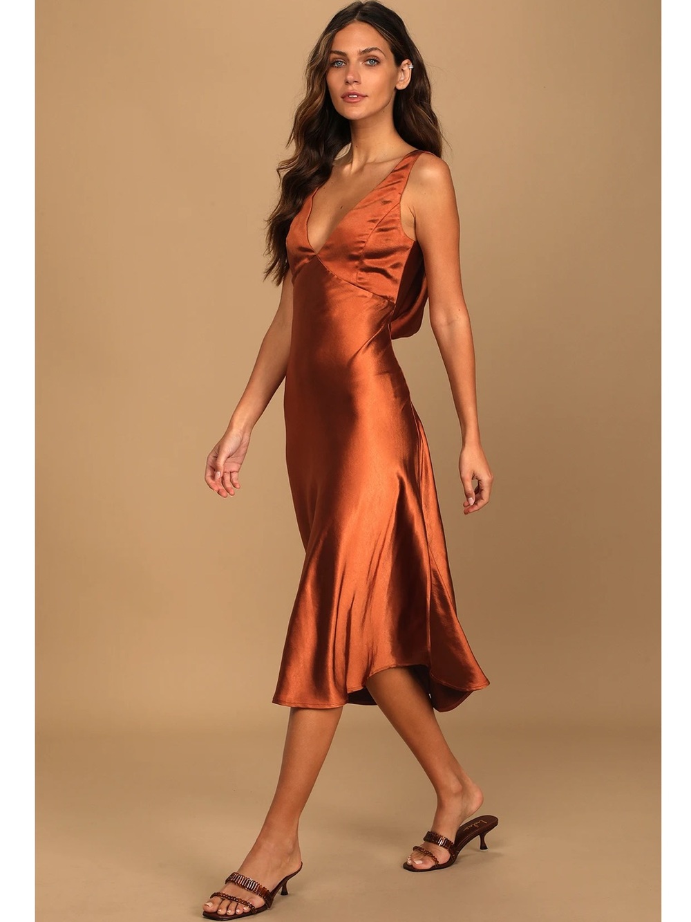 Lulus Incredible Love Brown Satin Cowl Back V-Neck Slip Midi Dress Event Party